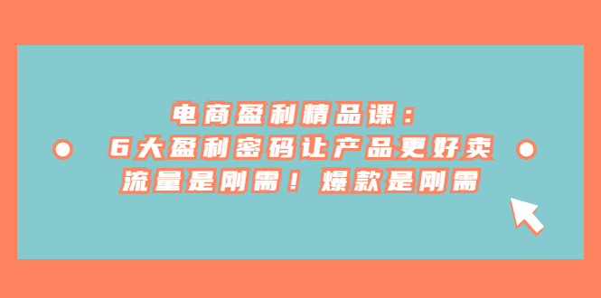 电商 盈利精品课：6大盈利 密码让产品更好卖，流量是刚需！爆款是刚需速创网赚项目-副业赚钱-互联网创业-资源整合速创园