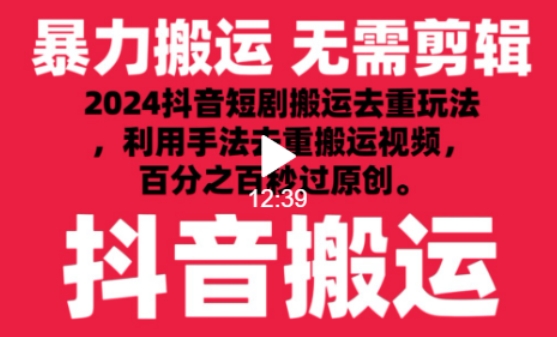 2024最新抖音搬运技术，抖音短剧视频去重，手法搬运，利用工具去重，达到秒过原创的效果速创网赚项目-副业赚钱-互联网创业-资源整合速创园