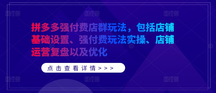 拼多多强付费店群玩法，包括店铺基础设置、强付费玩法实操、店铺运营复盘以及优化速创网赚项目-副业赚钱-互联网创业-资源整合速创园