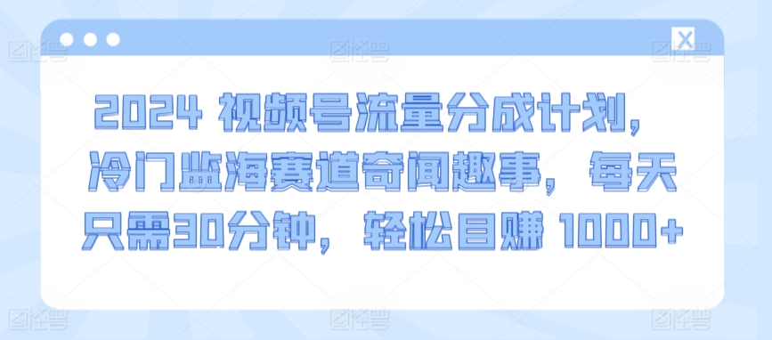 2024视频号流量分成计划，冷门监海赛道奇闻趣事，每天只需30分钟，轻松目赚 1000+速创网赚项目-副业赚钱-互联网创业-资源整合速创园