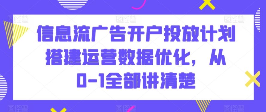 信息流广告开户投放计划搭建运营数据优化，从0-1全部讲清楚速创网赚项目-副业赚钱-互联网创业-资源整合速创园